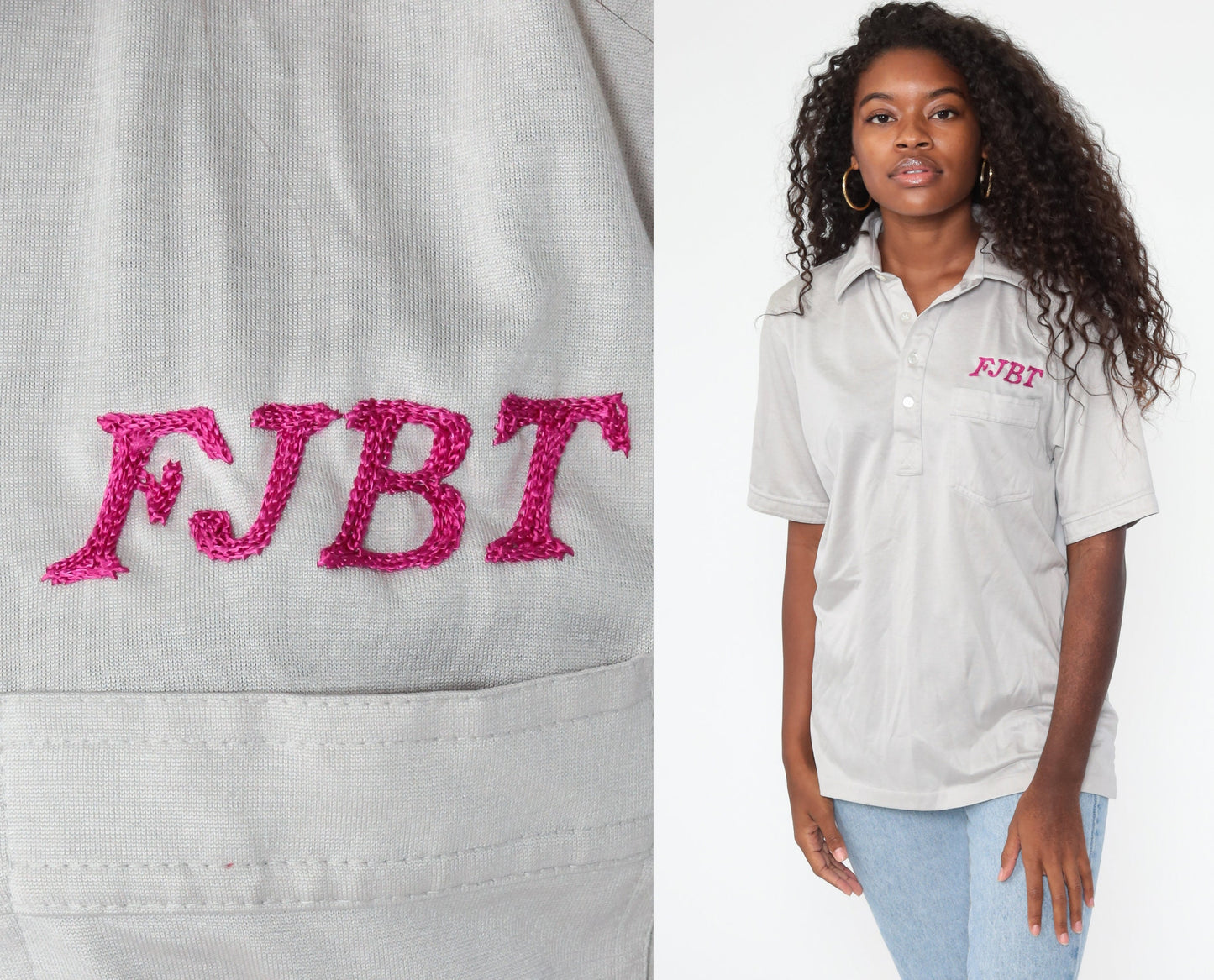 70s Eric Jones Embroidered Uniform Bowling Shirt Grey Small