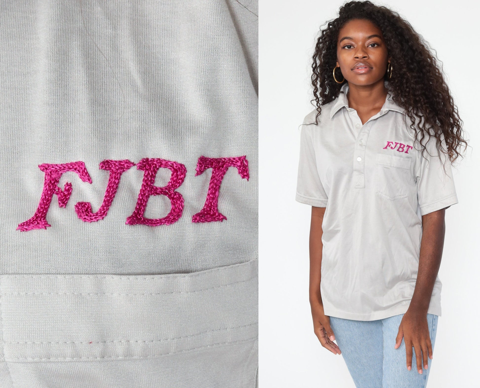 70s Eric Jones Embroidered Uniform Bowling Shirt Grey Small