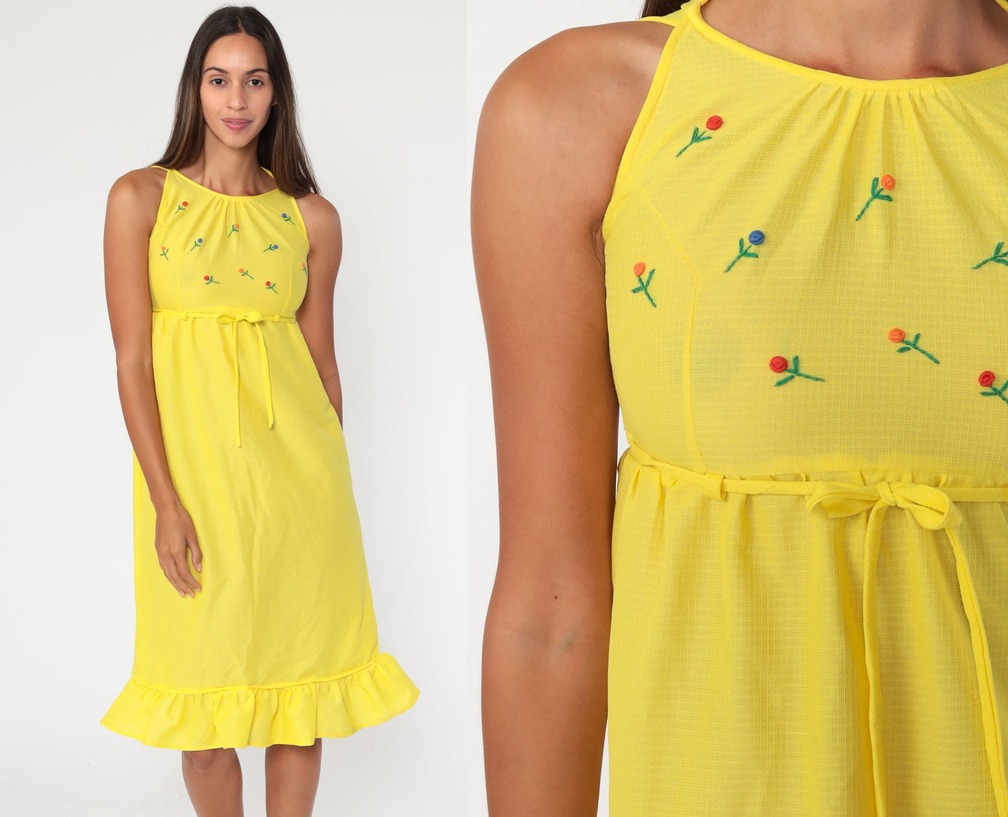70s Yellow Floral Embroidered Babydoll Dress Empire Waist Midi Sleeveless XXS