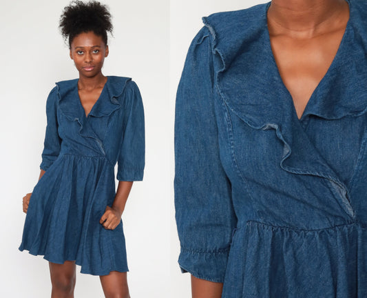 70s Denim Mini Dress Puff Sleeve V Neck High Waisted Blue Chambray Extra Small