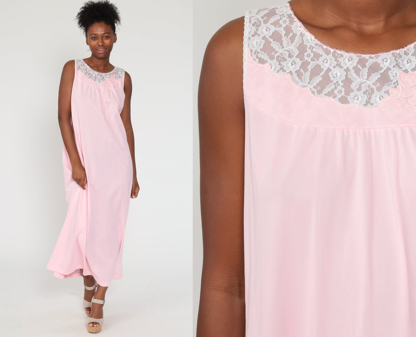 70s Baby Pink Nylon Lace Nightgown Sleeveless Maxi Slip Dress Large