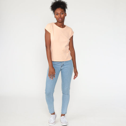 80s Peach Cap Sleeve T-Shirt Plain Cotton Tee Women's Medium