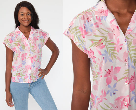 80s Tropical Floral Pink Hawaiian Button-Up Blouse Short Sleeve Medium