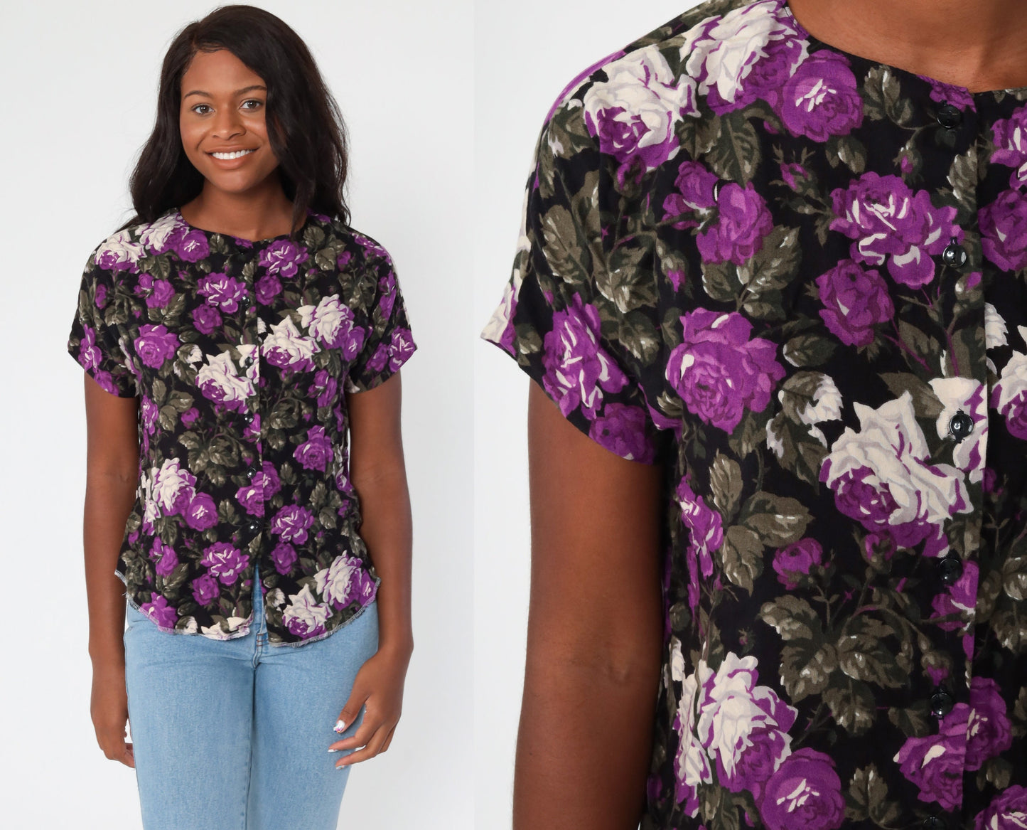 90s Floral Button-Up Blouse Purple Rayon Short Sleeve Medium
