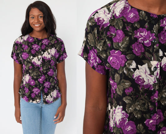 90s Floral Button-Up Blouse Purple Rayon Short Sleeve Medium