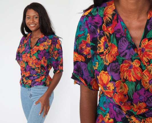 80s Toni Petite Floral Wrap Crop Top Purple Tropical Blouse Medium