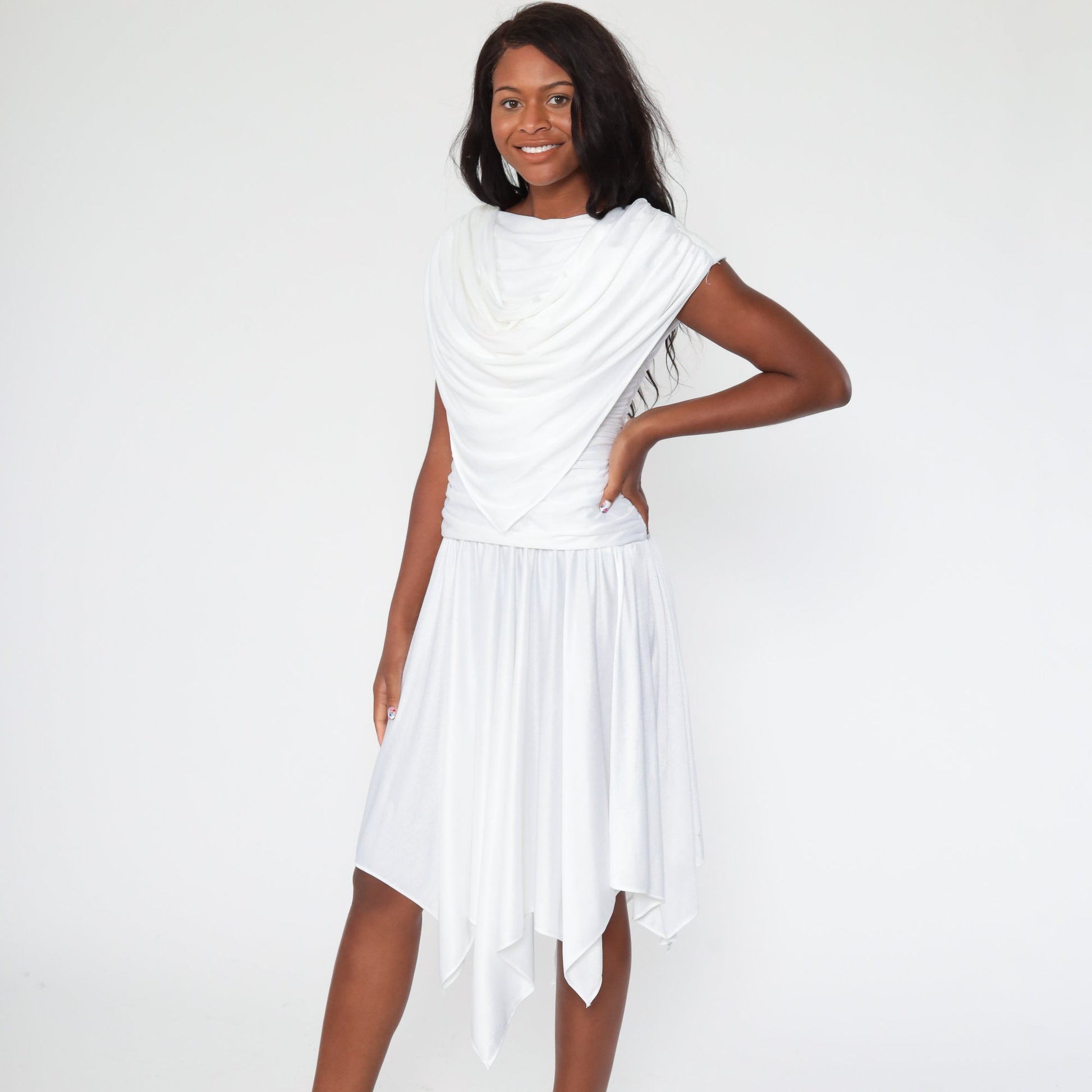 70s White Grecian Draped Midi Dress Cowl Neck Low Back Extra Small