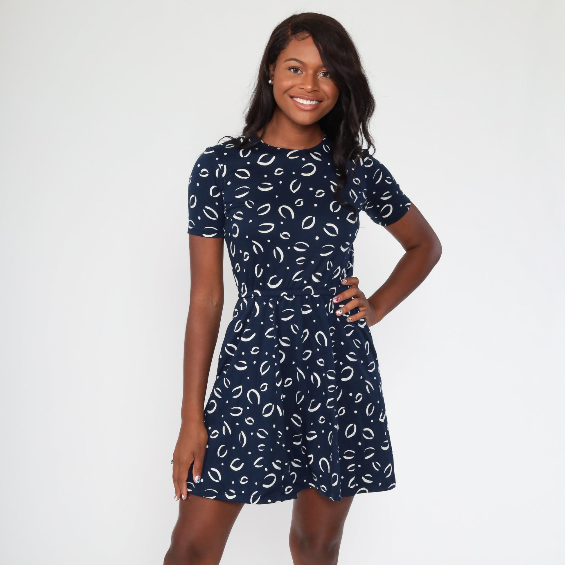 90s Lands' End Navy Leaf Print Mini Dress High Waist Pockets Extra Small XS
