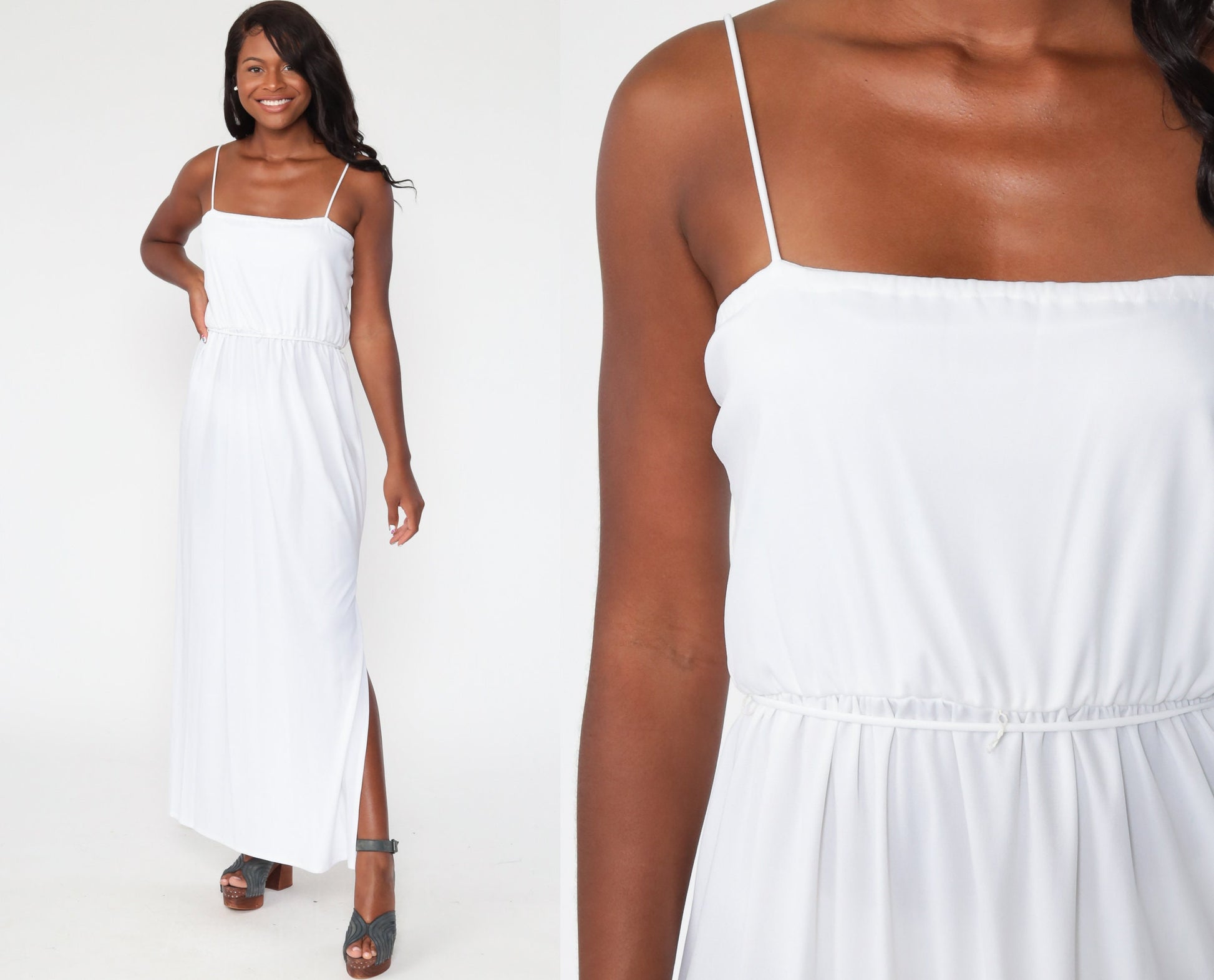 70s White Maxi Dress Spaghetti Strap High Waist Side Slit Small