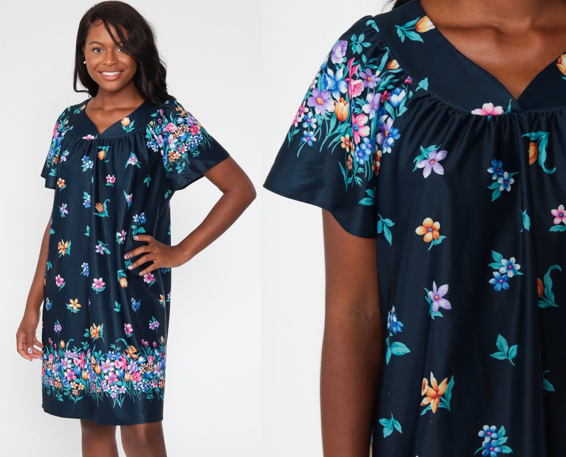 00s Blue Floral Tent Dress Mini Short Sleeve Shift Medium