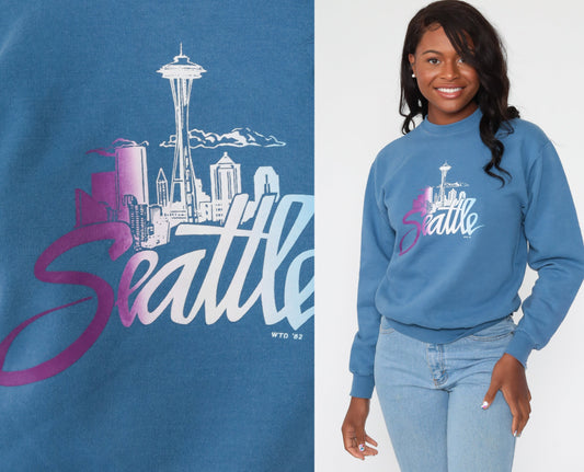 80s Seattle Space Needle Washington Graphic Sweatshirt Blue Extra Small
