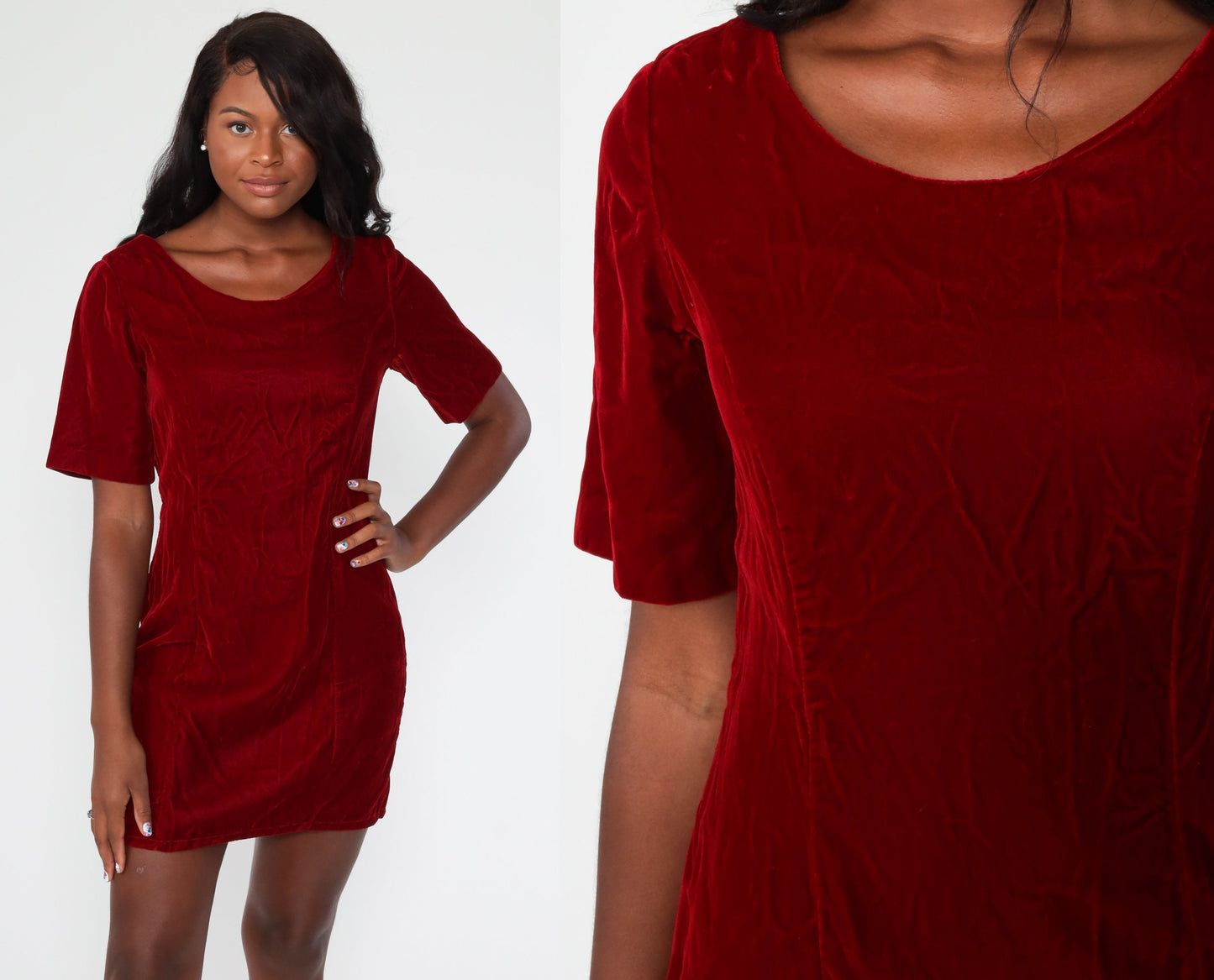 70s Red Velvet Mini Shift Dress Short Sleeve Mod Party Small Medium