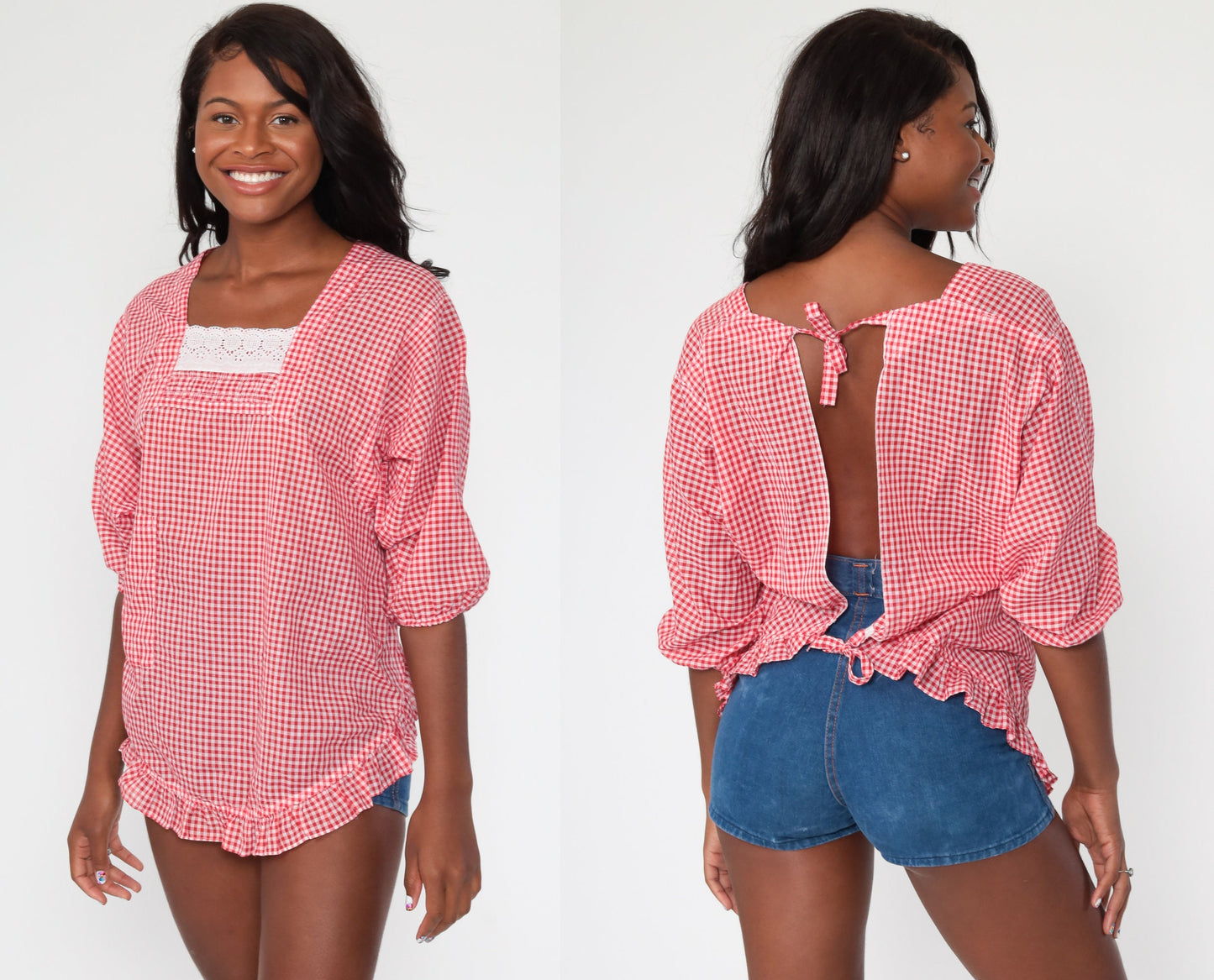 70s Red Gingham Peasant Blouse Open Back Balloon Sleeve Medium Large