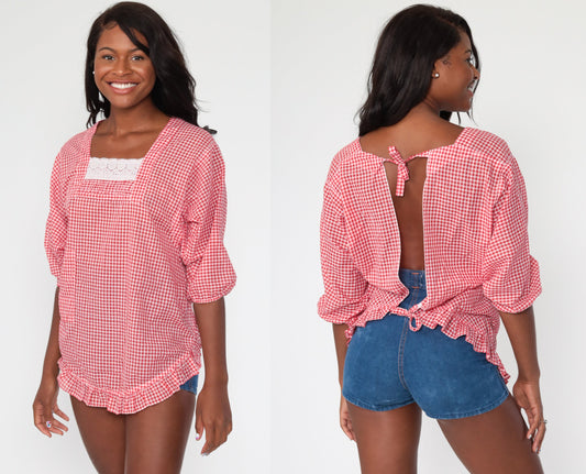 70s Red Gingham Peasant Blouse Open Back Balloon Sleeve Medium Large
