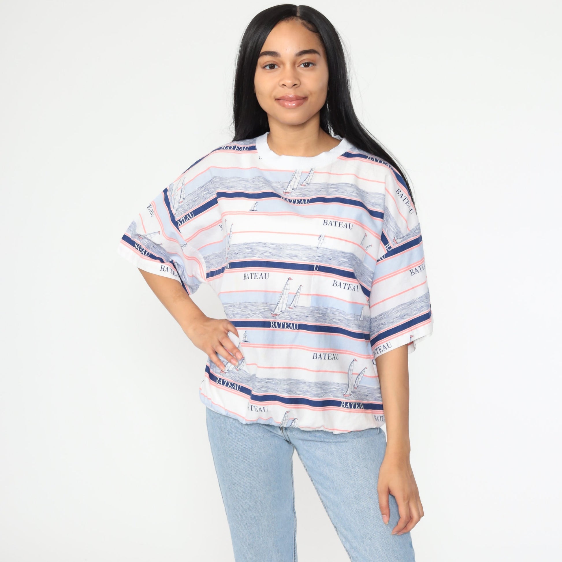 80s Bateau Boat Sailboat Striped Sailor Graphic T-Shirt White Cotton Medium