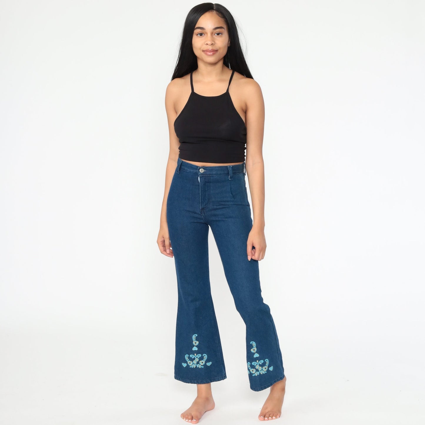 90s Floral Embroidered Bell Bottom Jeans Dark Blue Cotton Y2K Extra Small XS
