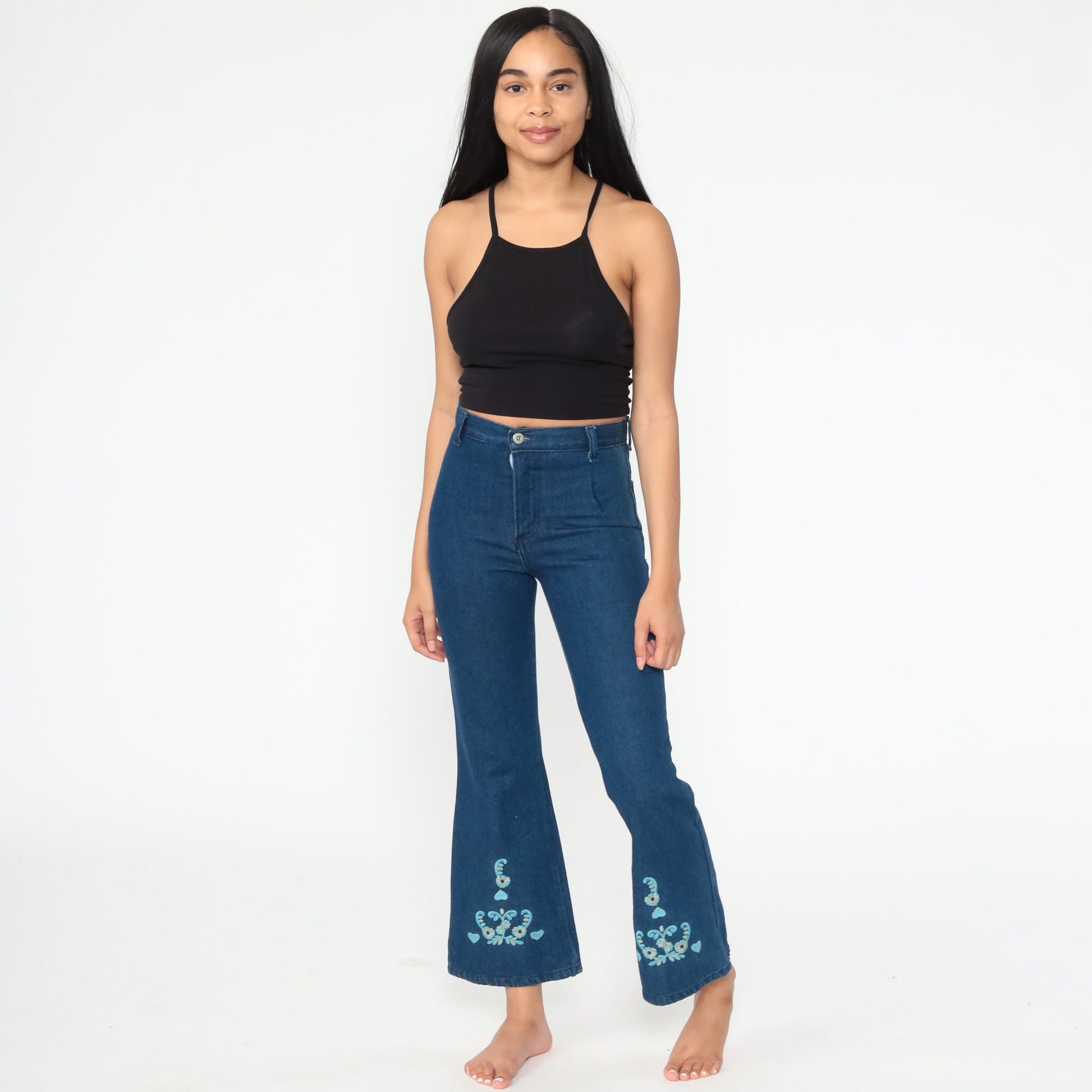90s Floral Embroidered Bell Bottom Jeans Dark Blue Cotton Y2K Extra Small XS