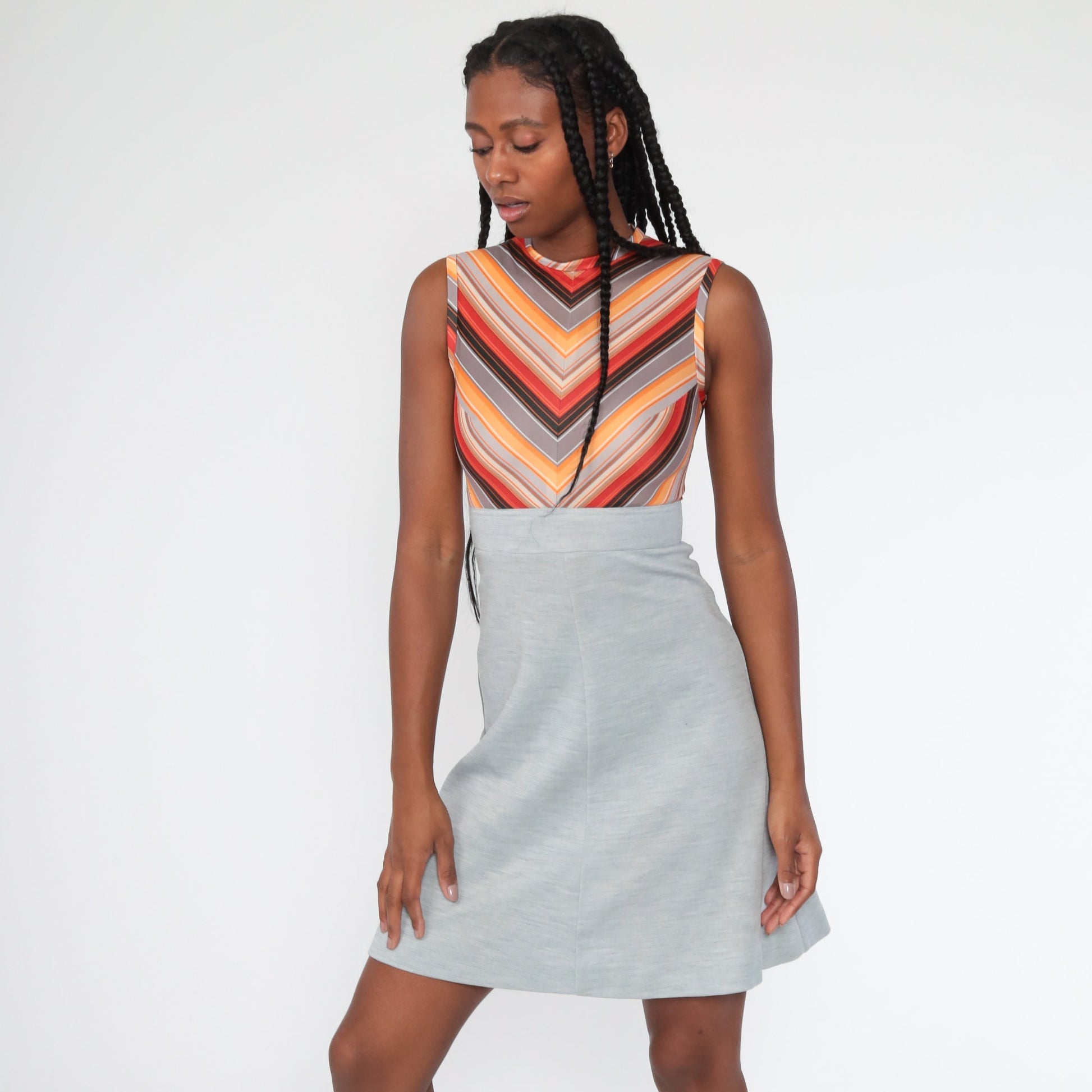 70s Chevron Stripe Mini Shift Dress Empire Waist Grey Orange Extra Small