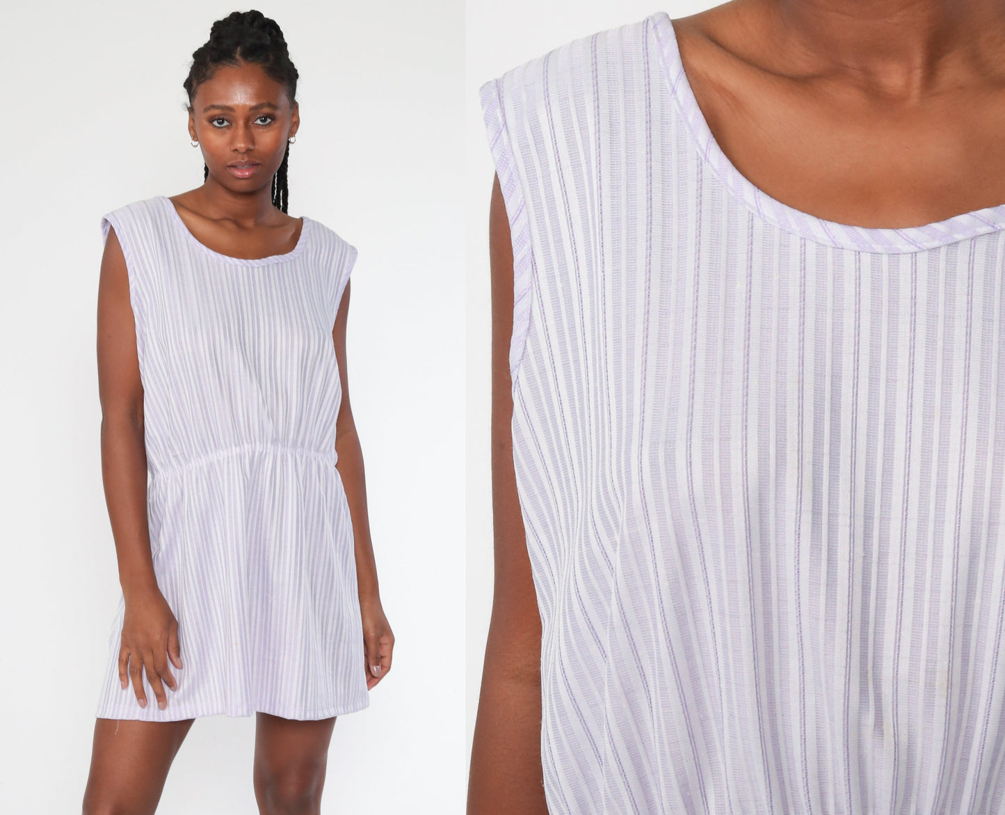 70s Lavender Striped Mini Dress High Waist Sleeveless Extra Large XL