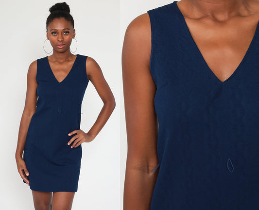 70s Cable Knit Shift Dress Navy Mini Sleeveless Small Medium