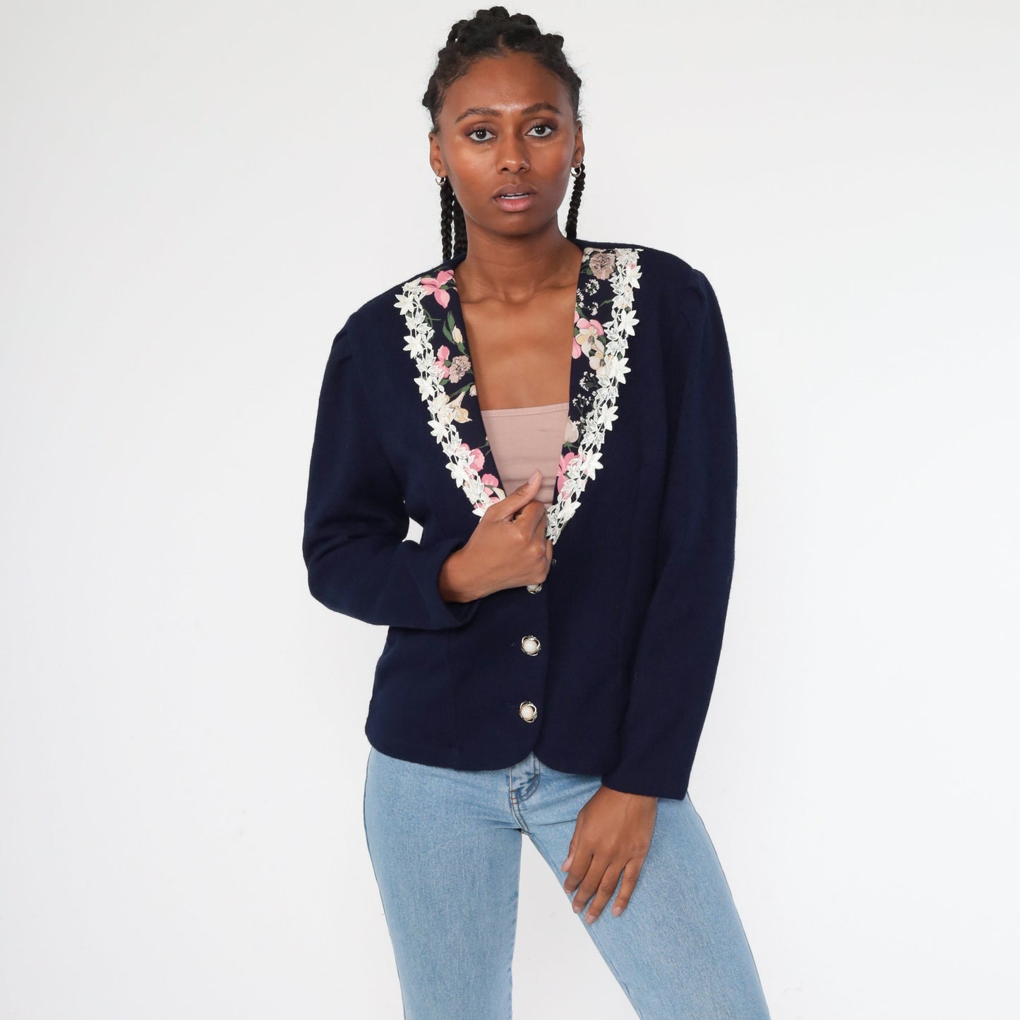 80s Navy Blazer Jacket Floral Lace Trim Office Jacket Medium
