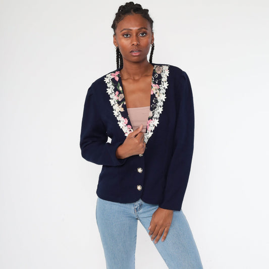 80s Navy Blazer Jacket Floral Lace Trim Office Jacket Medium