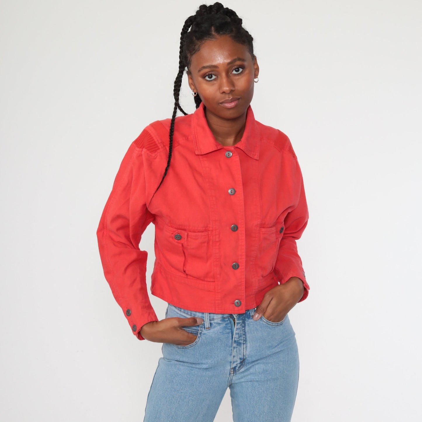 90s Red Cotton Cropped Jacket Button Up Cargo Pocket Small