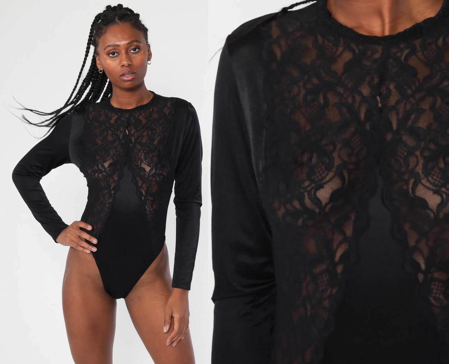 80s Black Lace Teddy Bodysuit Long Sleeve High Cut Lingerie Large L