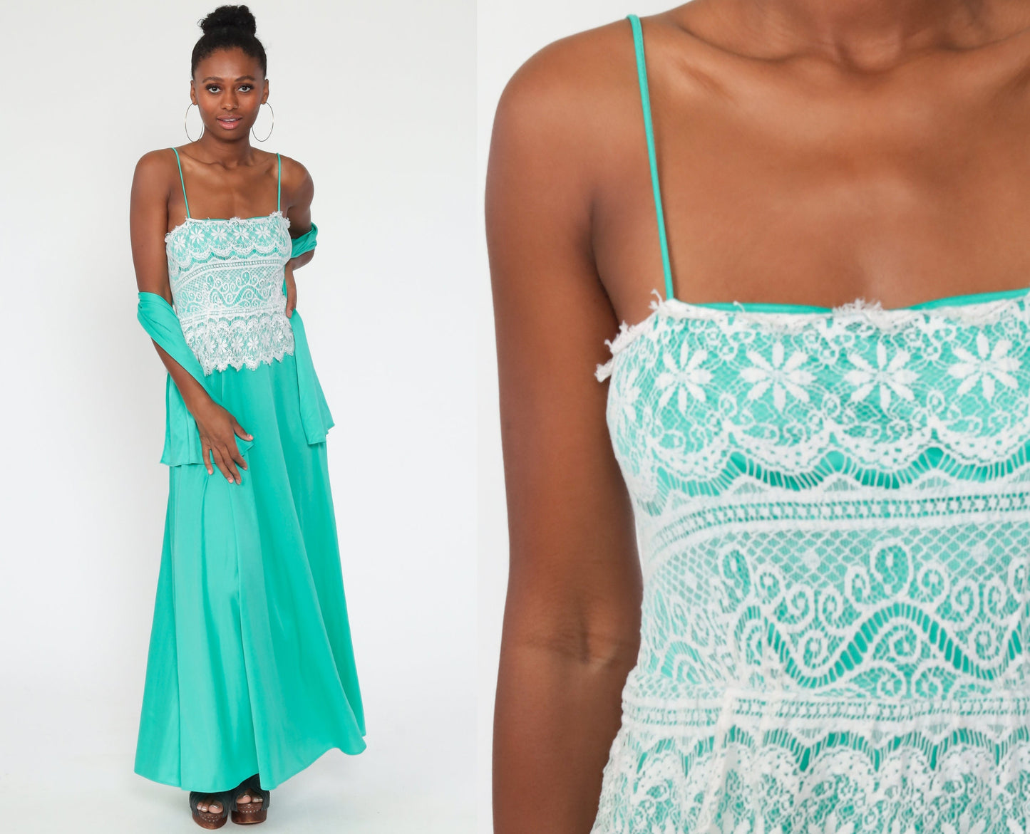 70s Green Lace Maxi Dress Spaghetti Strap Low Waist Extra Small