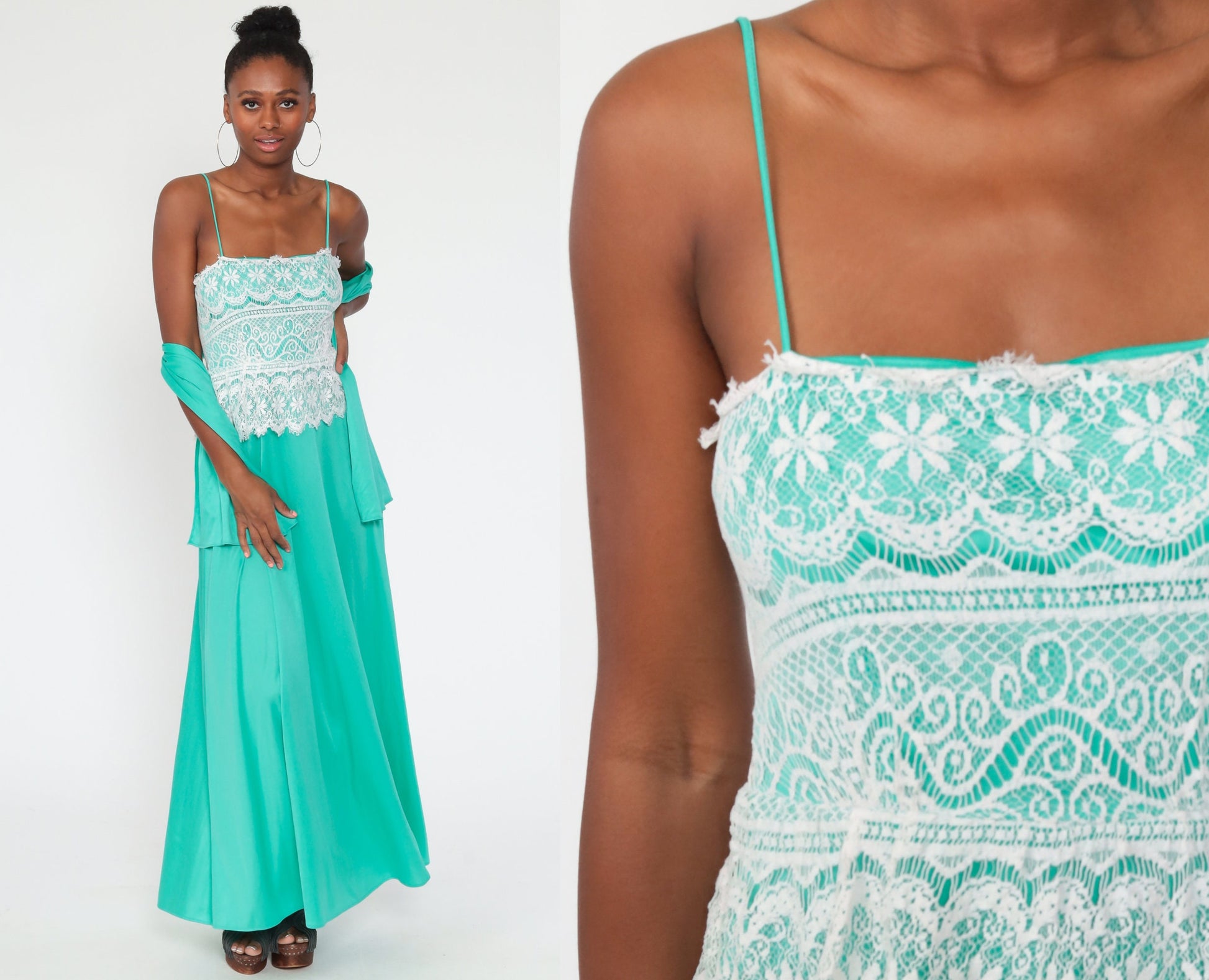 70s Green Lace Maxi Dress Spaghetti Strap Low Waist Extra Small