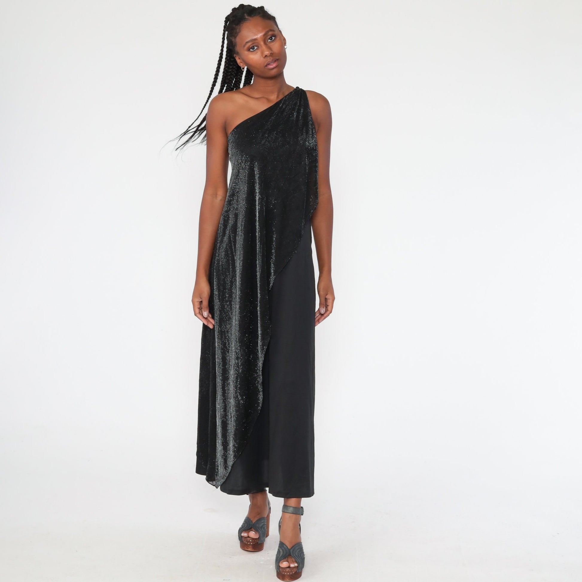 90s Black Metallic One-Shoulder Maxi Dress Draped Glitter Panel Extra Small