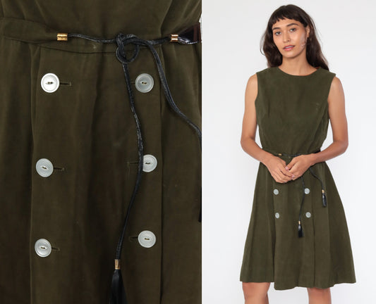 60s Mod Mini Dress Olive Green Faux Suede High Waist Sleeveless Small