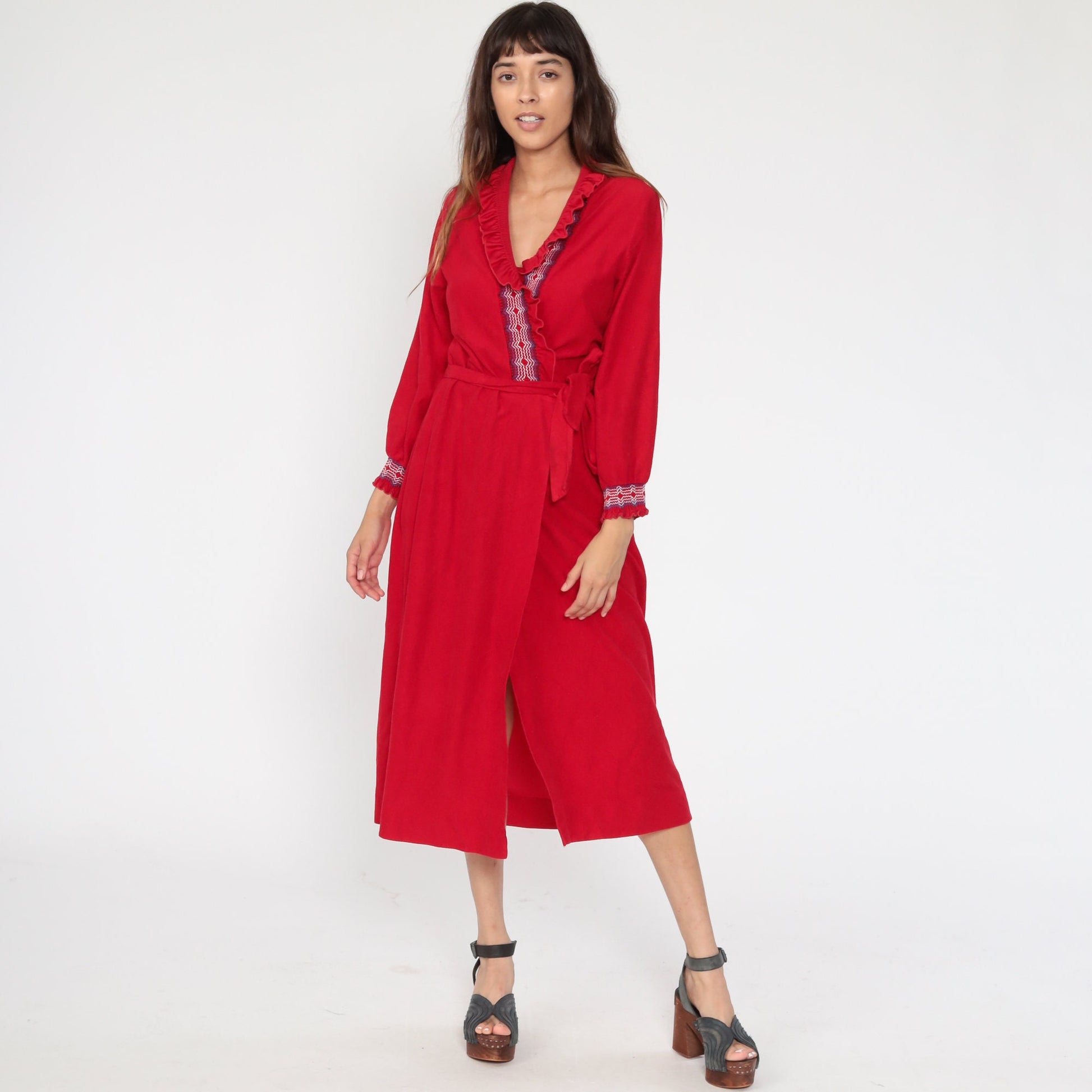 70s Anne Leslie Red Wrap Maxi Robe Dress Belted Loungewear Small Medium