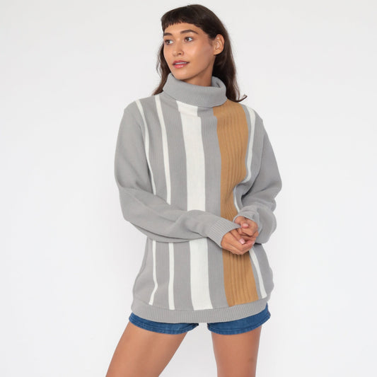 80s Striped Turtleneck Sweater Grey Knit Pullover Medium