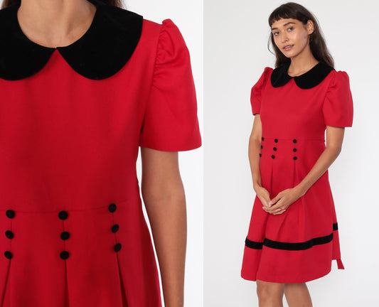 90s Red Midi Dress Peter Pan Collar Puff Sleeve Pleated Large 12