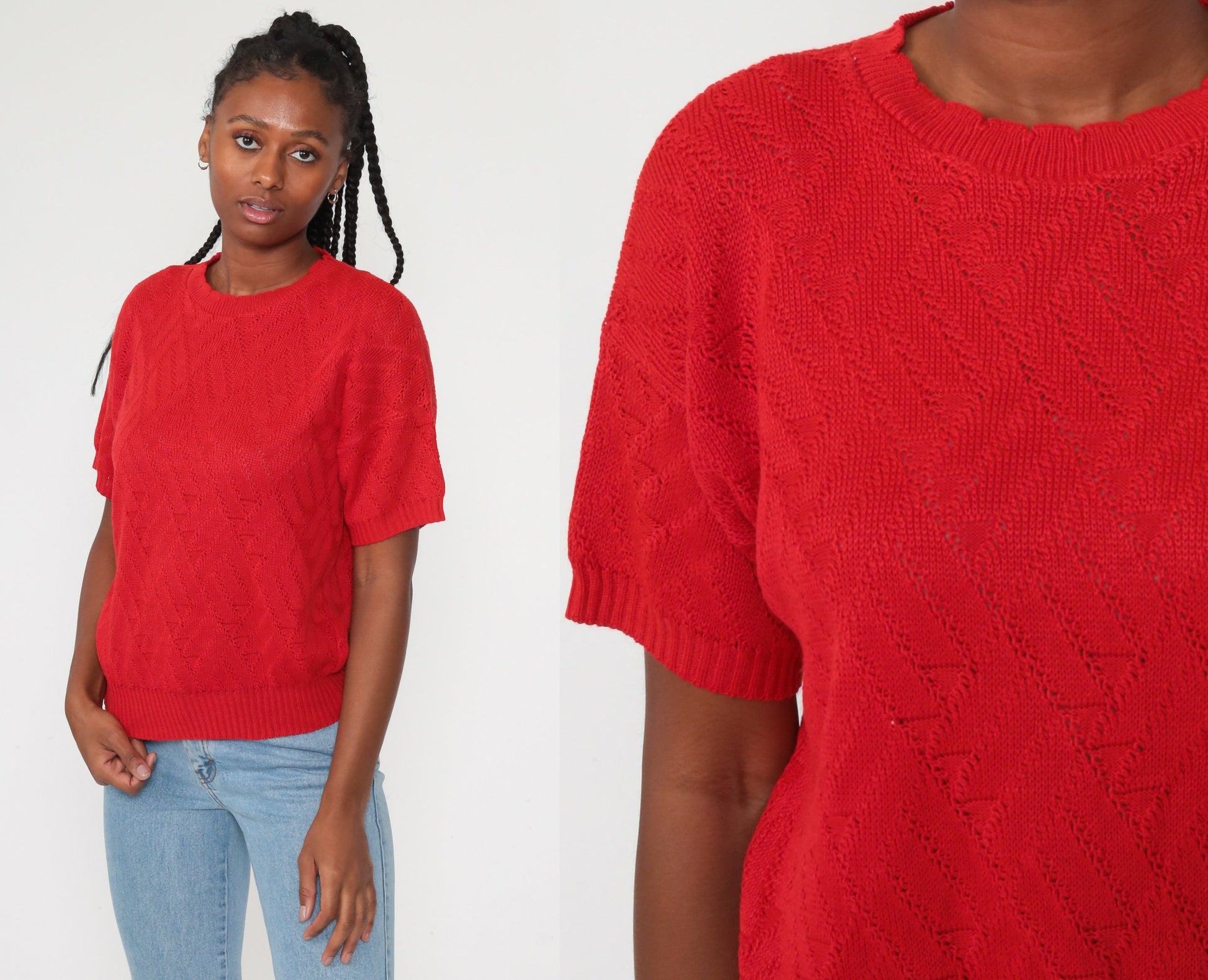 80s Red Open Weave Knit Sweater Top Short Sleeve Medium