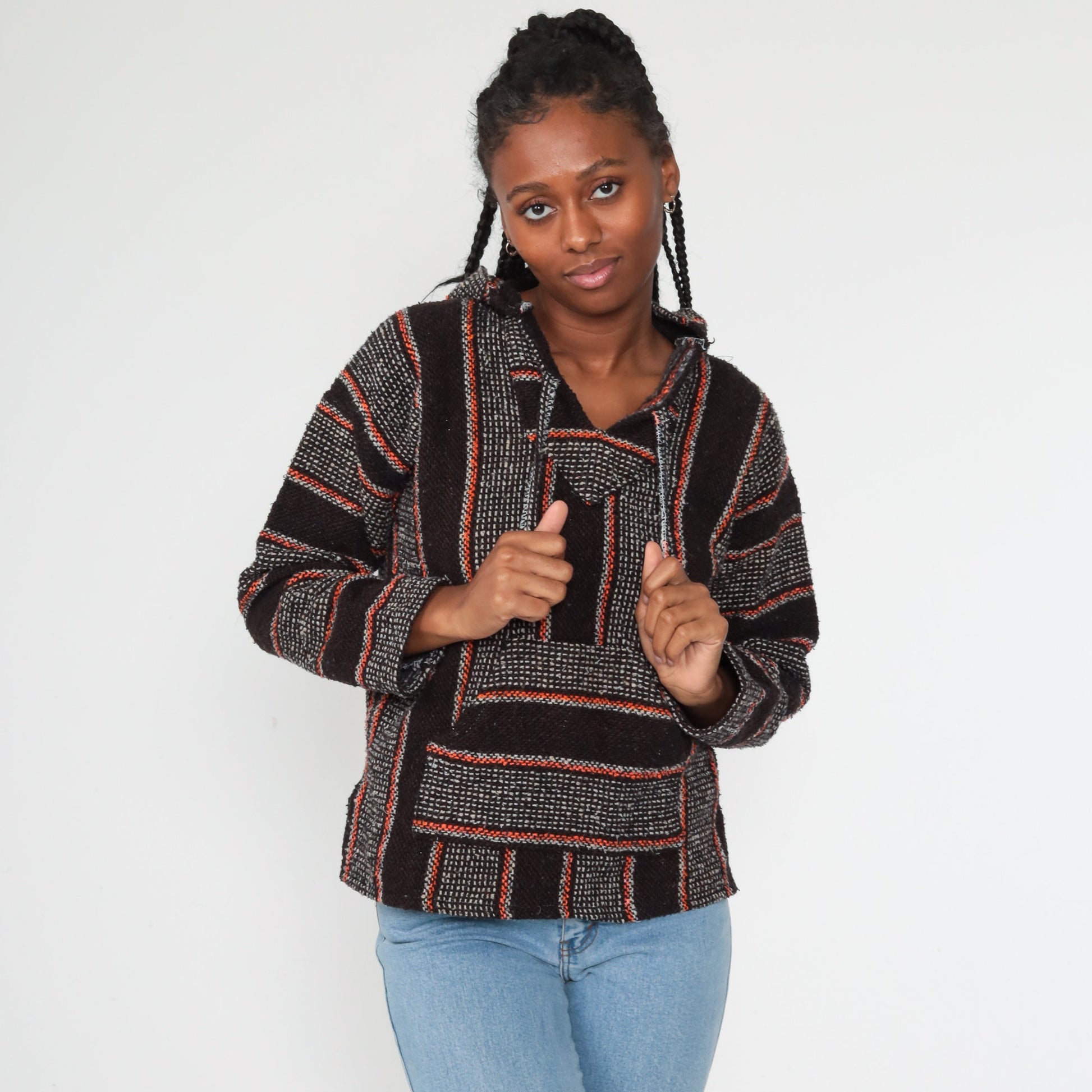 90s Mexican Baja Hoodie Orange Black Stripe Kangaroo Pocket Small