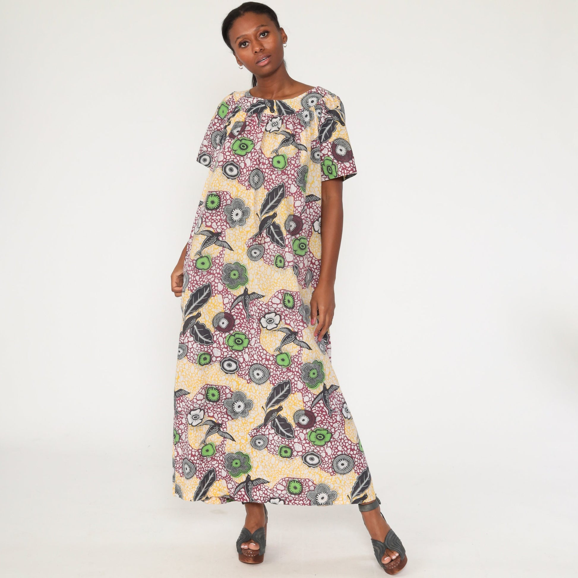 70s Bird Print Maxi Dress Caftan Cotton Blend Long Sleeve Medium