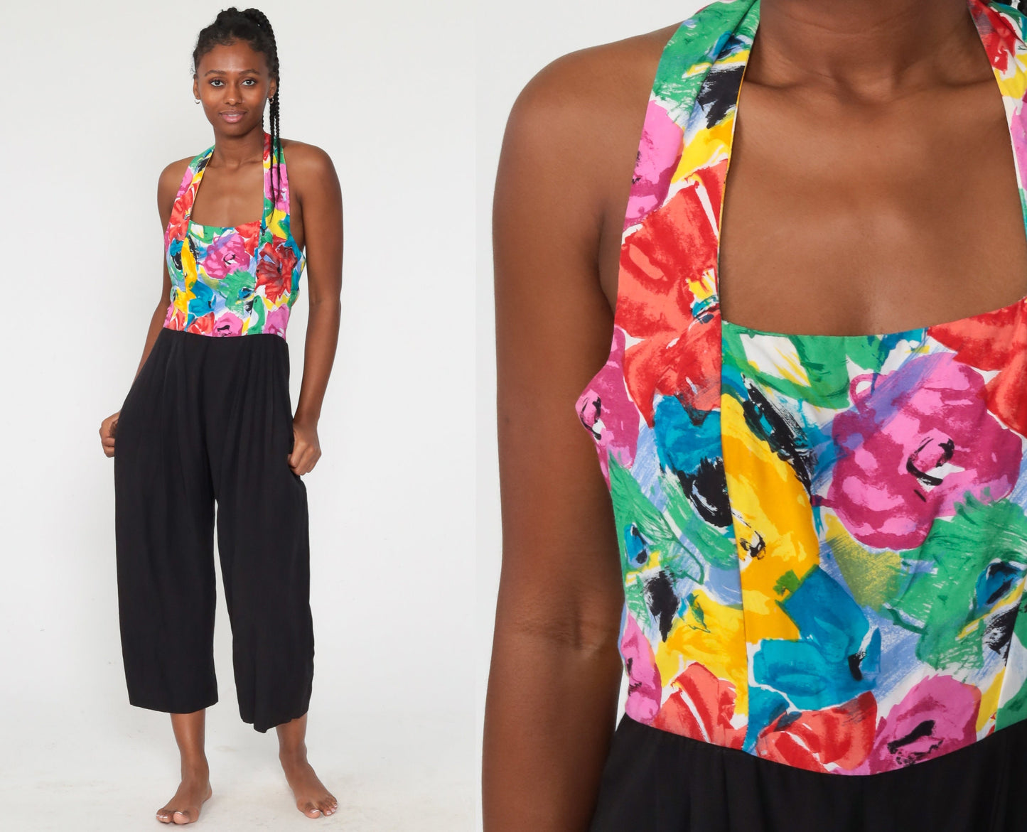 90s Black Floral Halter Jumpsuit Straight Leg Backless Small S