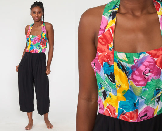 90s Black Floral Halter Jumpsuit Straight Leg Backless Small S