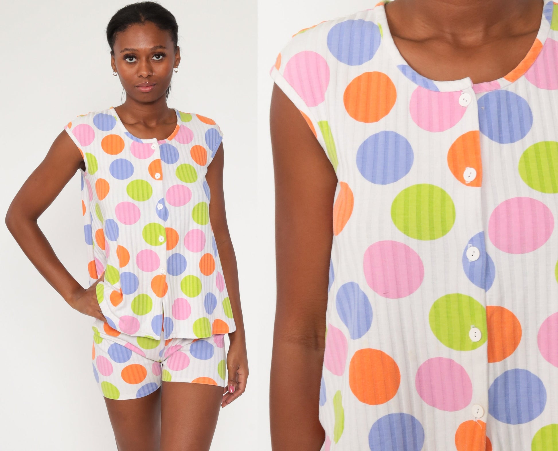 80s Polka Dot Two Piece Romper Set Button Up Blouse Shorts Small