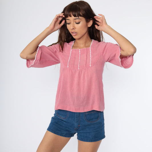 70s Pink Cotton Tunic Top Wide Sleeve Blouse Extra Small XS