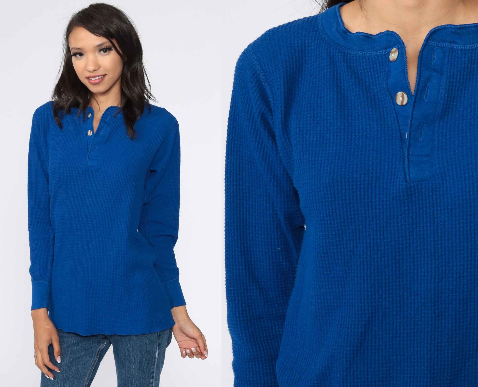 90s Blue Waffle Knit Thermal Henley Long Sleeve Shirt Large