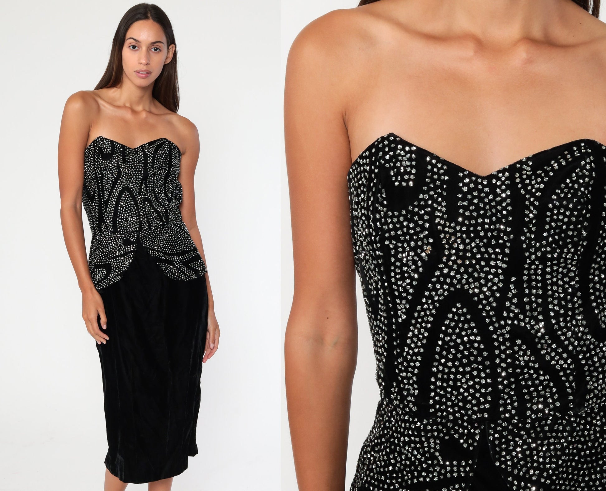 80s Black Velvet Strapless Mini Dress Sweetheart Neckline Rhinestone Extra Small