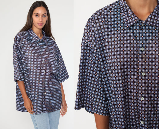 90s Geometric Print Button-Up Shirt Blue Brown Short Sleeve Extra Large