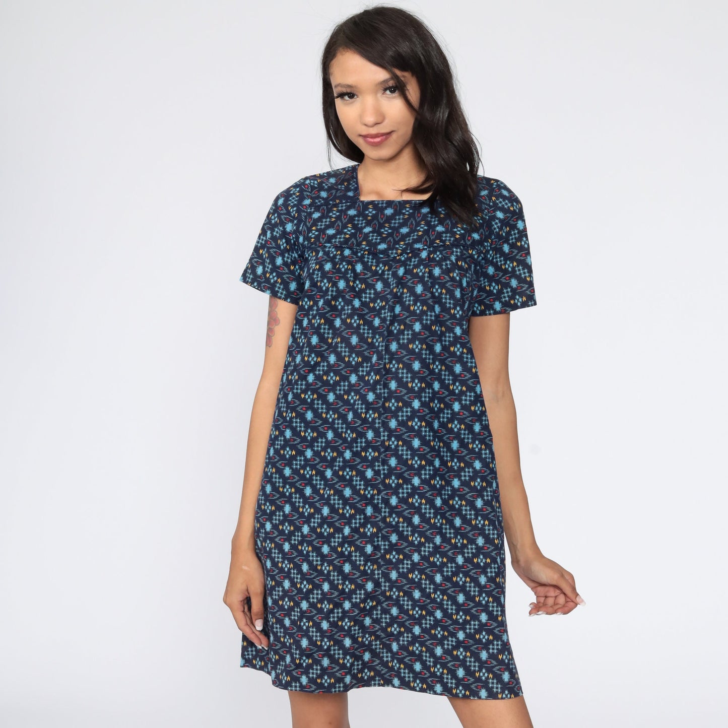 60s Mod Mini Dress Blue Checkered Shift Twiggy Small