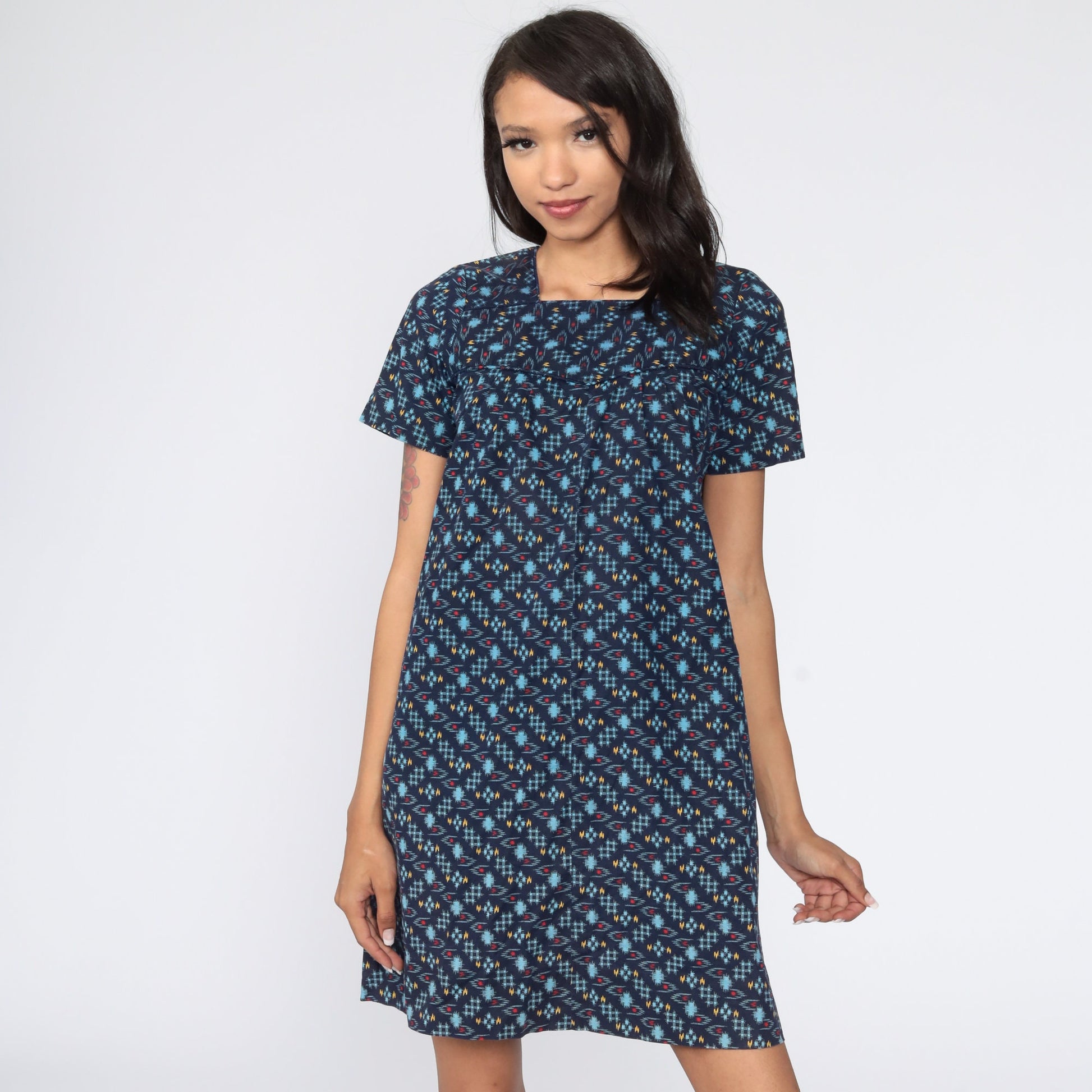 60s Mod Mini Dress Blue Checkered Shift Twiggy Small