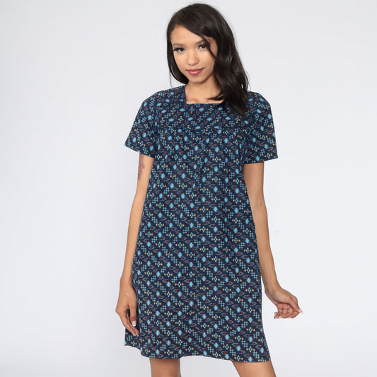60s Mod Mini Dress Blue Checkered Shift Twiggy Small