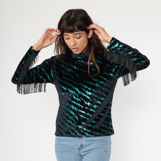 90s Metallic Tiger Print Fringe Turtleneck Y2K Club Shirt Extra Small XS