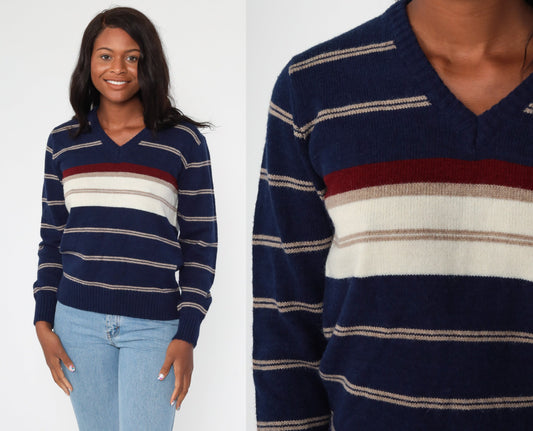 80s Le Tigre Navy Striped V-Neck Knit Sweater Small Medium